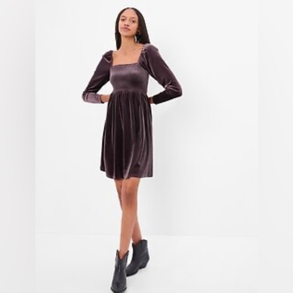 GAP XL Tall velvet smocked puff sleeve dress brown